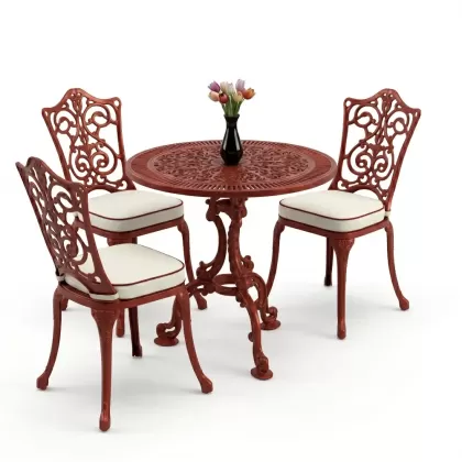 3 kişilik alüminyum döküm yuvarlak masa ve ferforje sandalye seti Kırmızı Kiremit rengi