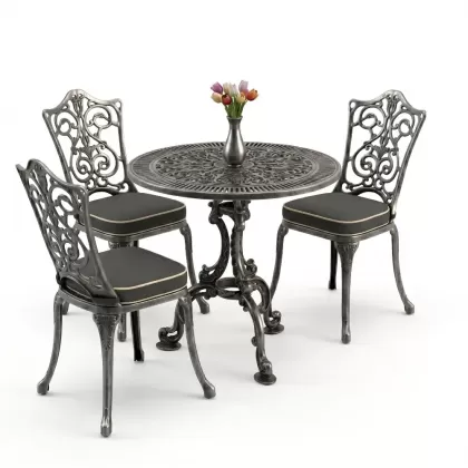 3 kişilik alüminyum döküm yuvarlak masa ve ferforje sandalye seti Silver Gümüş rengi