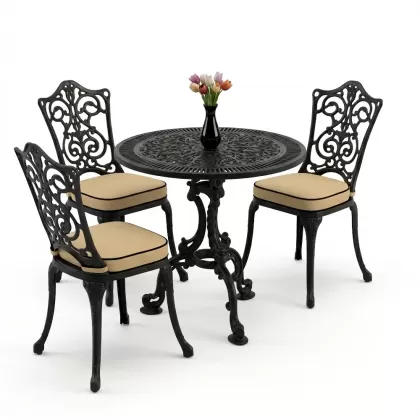 3 kişilik alüminyum döküm yuvarlak masa ve ferforje sandalye seti Siyah renk