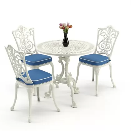3 kişilik alüminyum döküm yuvarlak masa ve ferforje sandalye seti Beyaz renk