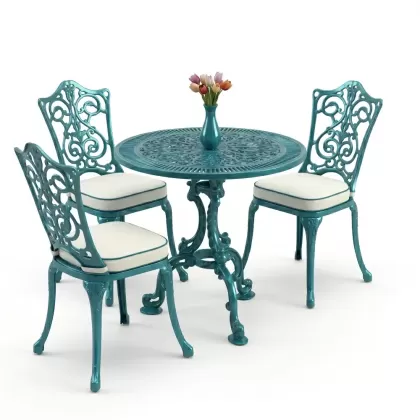 3 kişilik alüminyum döküm yuvarlak masa ve ferforje sandalye seti Turkuaz renk
