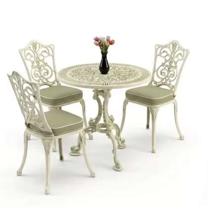 3 kişilik alüminyum döküm yuvarlak masa ve ferforje sandalye seti Yeşil patina renk