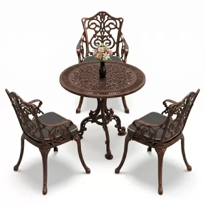 3 kişilik alüminyum döküm yuvarlak masa ve ferforje sandalye seti Bakır eskitme