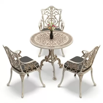 3 kişilik alüminyum döküm yuvarlak masa ve ferforje sandalye seti Beyaz eskitme