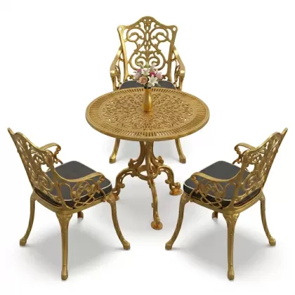 3 kişilik alüminyum döküm yuvarlak masa ve ferforje sandalye seti Gold Altın rengi