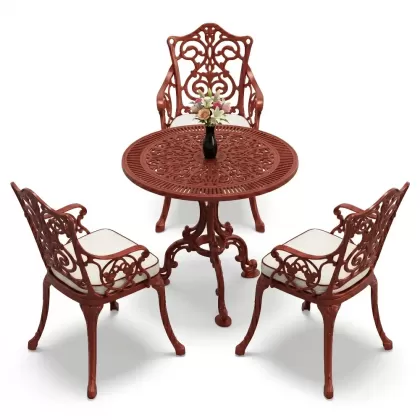 3 kişilik alüminyum döküm yuvarlak masa ve ferforje sandalye seti Kırmızı Kiremit rengi