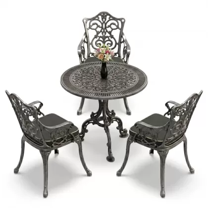3 kişilik alüminyum döküm yuvarlak masa ve ferforje sandalye seti Silver Gümüş rengi