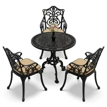 3 kişilik alüminyum döküm yuvarlak masa ve ferforje sandalye seti Siyah renk