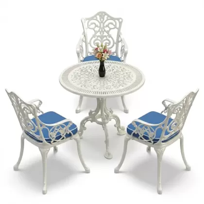 3 kişilik alüminyum döküm yuvarlak masa ve ferforje sandalye seti Beyaz renk