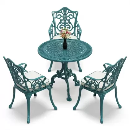3 kişilik alüminyum döküm yuvarlak masa ve ferforje sandalye seti Turkuaz renk