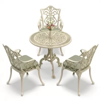 3 kişilik alüminyum döküm yuvarlak masa ve ferforje sandalye seti Yeşil patina renk