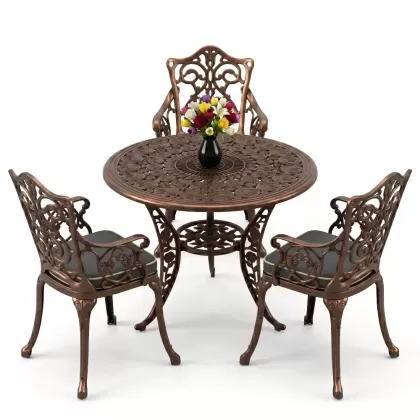 3 kişilik alüminyum döküm yuvarlak masa ve ferforje sandalye seti Bakır eskitme
