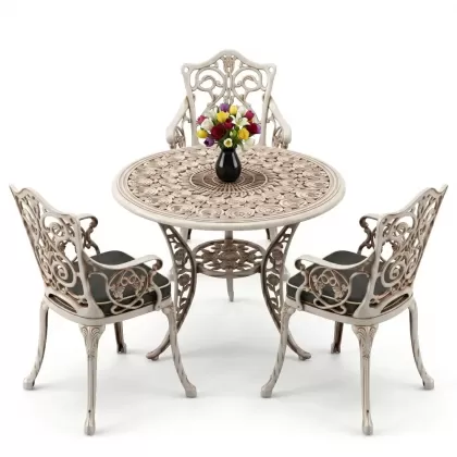 3 kişilik alüminyum döküm yuvarlak masa ve ferforje sandalye seti Beyaz eskitme