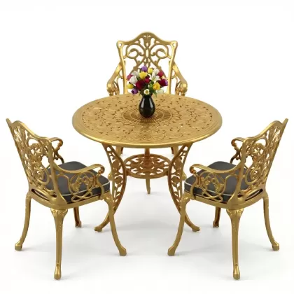 3 kişilik alüminyum döküm yuvarlak masa ve ferforje sandalye seti Gold Altın rengi