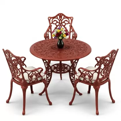 3 kişilik alüminyum döküm yuvarlak masa ve ferforje sandalye seti Kırmızı Kiremit rengi