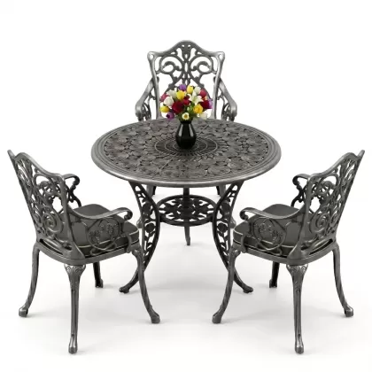 3 kişilik alüminyum döküm yuvarlak masa ve ferforje sandalye seti Silver Gümüş rengi