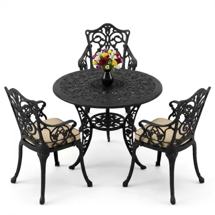 3 kişilik alüminyum döküm yuvarlak masa ve ferforje sandalye seti Siyah renk