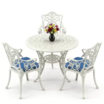 3 kişilik alüminyum döküm yuvarlak masa ve ferforje sandalye seti Beyaz renk
