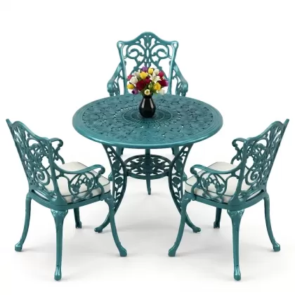 3 kişilik alüminyum döküm yuvarlak masa ve ferforje sandalye seti Turkuaz renk