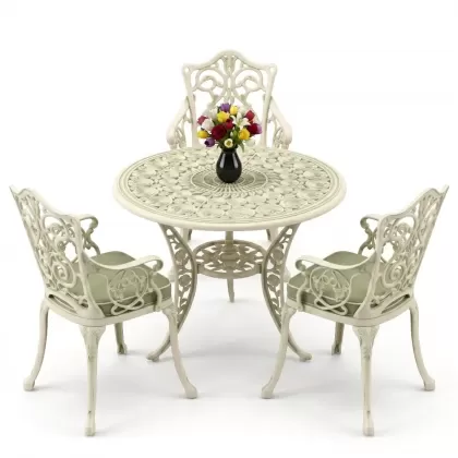 3 kişilik alüminyum döküm yuvarlak masa ve ferforje sandalye seti Yeşil patina renk