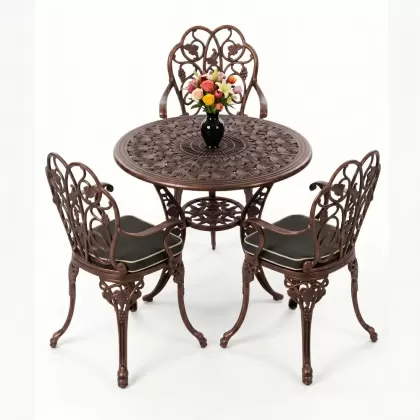 3 kişilik alüminyum döküm yuvarlak masa ve ferforje sandalye seti Bakır eskitme