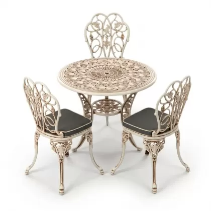 3 kişilik alüminyum döküm yuvarlak masa ve ferforje sandalye seti Beyaz eskitme