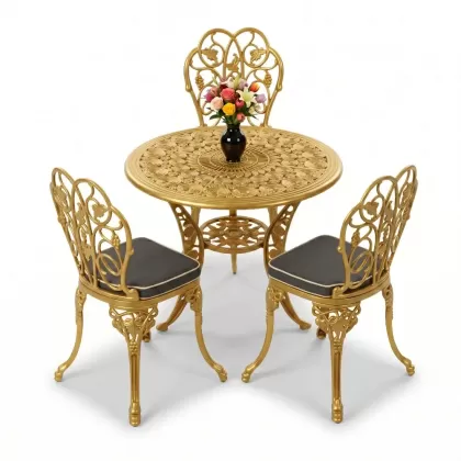 3 kişilik alüminyum döküm yuvarlak masa ve ferforje sandalye seti Gold Altın rengi