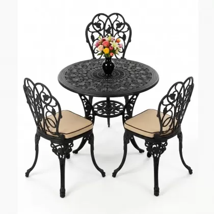 3 kişilik alüminyum döküm yuvarlak masa ve ferforje sandalye seti Siyah renk