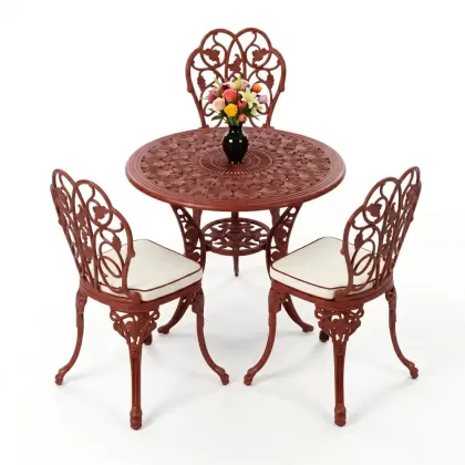 3 kişilik alüminyum döküm yuvarlak masa ve ferforje sandalye seti Kırmızı Kiremit rengi