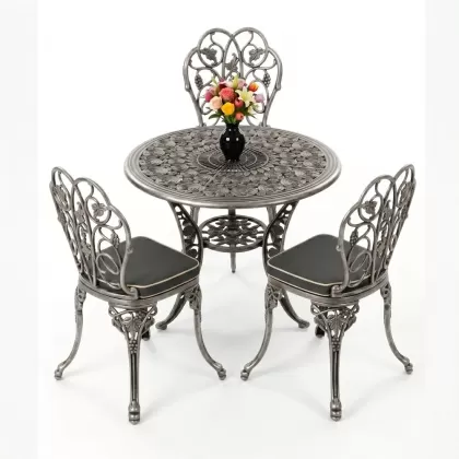 3 kişilik alüminyum döküm yuvarlak masa ve ferforje sandalye seti Silver Gümüş rengi