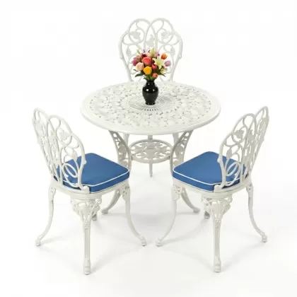 3 kişilik alüminyum döküm yuvarlak masa ve ferforje sandalye seti Beyaz renk