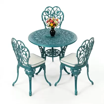3 kişilik alüminyum döküm yuvarlak masa ve ferforje sandalye seti Turkuaz renk