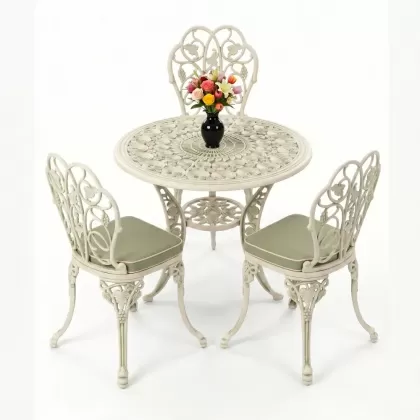 3 kişilik alüminyum döküm yuvarlak masa ve ferforje sandalye seti Yeşil patina renk