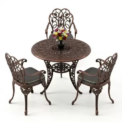 3 kişilik alüminyum döküm yuvarlak masa ve ferforje sandalye seti Bakır eskitme