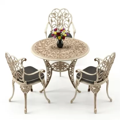 3 kişilik alüminyum döküm yuvarlak masa ve ferforje sandalye seti Beyaz eskitme