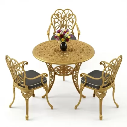 3 kişilik alüminyum döküm yuvarlak masa ve ferforje sandalye seti Gold Altın rengi