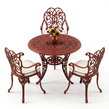 3 kişilik alüminyum döküm yuvarlak masa ve ferforje sandalye seti Kırmızı Kiremit rengi
