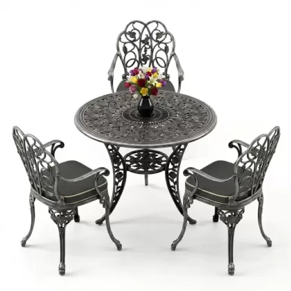3 kişilik alüminyum döküm yuvarlak masa ve ferforje sandalye seti Silver Gümüş rengi