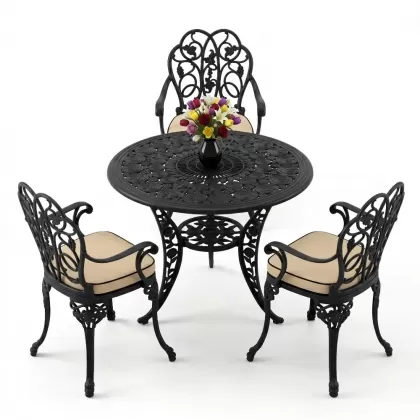 3 kişilik alüminyum döküm yuvarlak masa ve ferforje sandalye seti Siyah renk