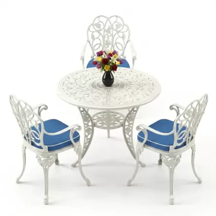 3 kişilik alüminyum döküm yuvarlak masa ve ferforje sandalye seti Beyaz renk