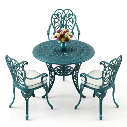 3 kişilik alüminyum döküm yuvarlak masa ve ferforje sandalye seti Turkuaz renk