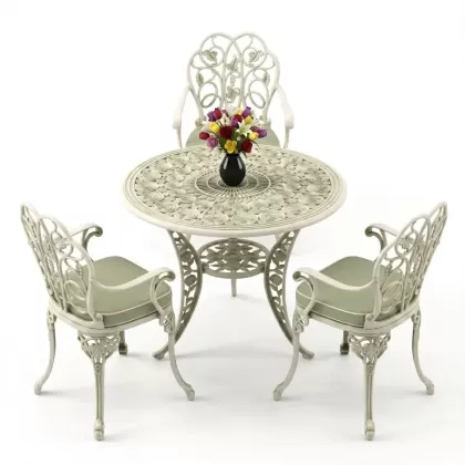 3 kişilik alüminyum döküm yuvarlak masa ve ferforje sandalye seti Yeşil patina renk