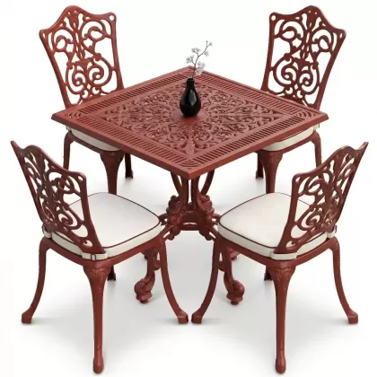 4 Kişilik alüminyum döküm masa sandalye seti, nostaljik ferforje balkon, bahçe mobilyası Renk Kiremit Kırmızısı