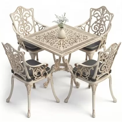 4 Kişilik alüminyum döküm masa sandalye seti, nostaljik ferforje balkon, bahçe mobilyası Renk Beyaz Eskitme