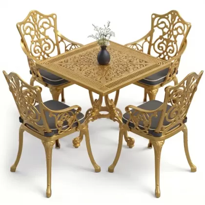 4 Kişilik alüminyum döküm masa sandalye seti, nostaljik ferforje balkon, bahçe mobilyası Renk Gold Altın