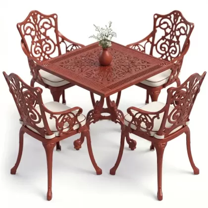 4 Kişilik alüminyum döküm masa sandalye seti, nostaljik ferforje balkon, bahçe mobilyası Renk Kiremit Kırmızısı