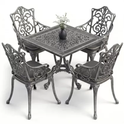 4 Kişilik alüminyum döküm masa sandalye seti, nostaljik ferforje balkon, bahçe mobilyası Renk  Gümüş Silver
