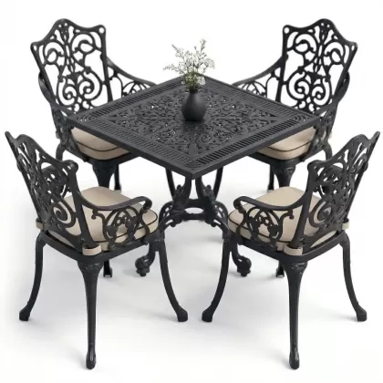 4 Kişilik alüminyum döküm masa sandalye seti, nostaljik ferforje balkon, bahçe mobilyası Renk  Siyah