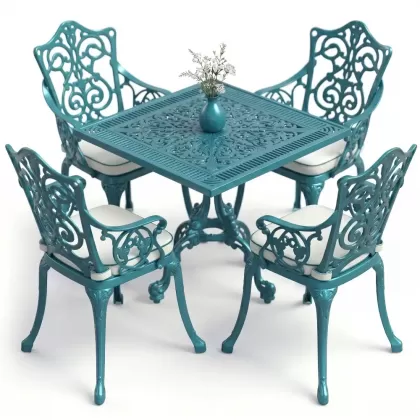 4 Kişilik alüminyum döküm masa sandalye seti, nostaljik ferforje balkon, bahçe mobilyası Renk Turkuaz