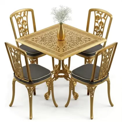 4 Kişilik alüminyum döküm masa sandalye seti, nostaljik ferforje balkon, bahçe mobilyası Renk Gold Altın